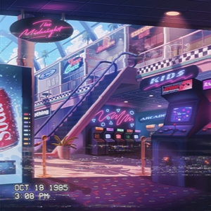 Neon Synthwave cover art of shopping mall and video game arcade